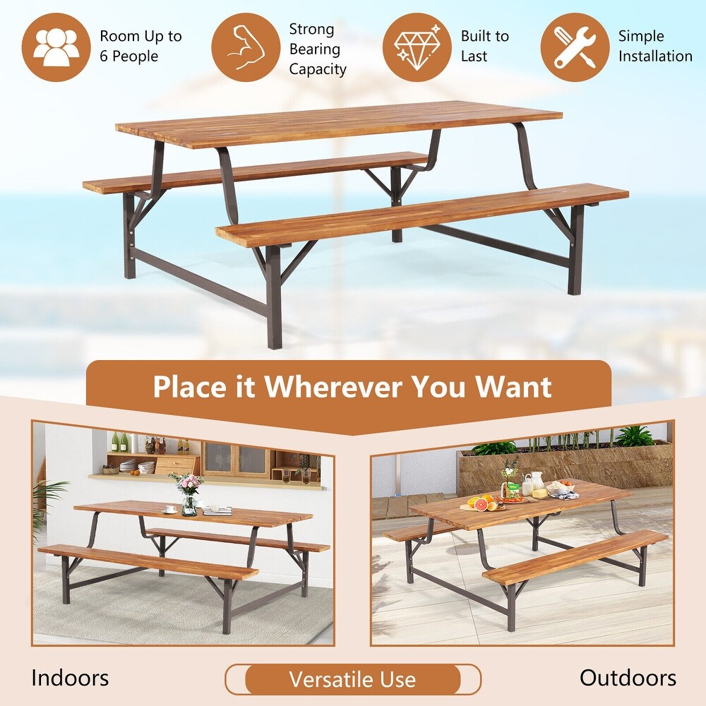 6 Person Outdoor Picnic Table and Bench Set with 2 Inch Umbrella Hole   71\