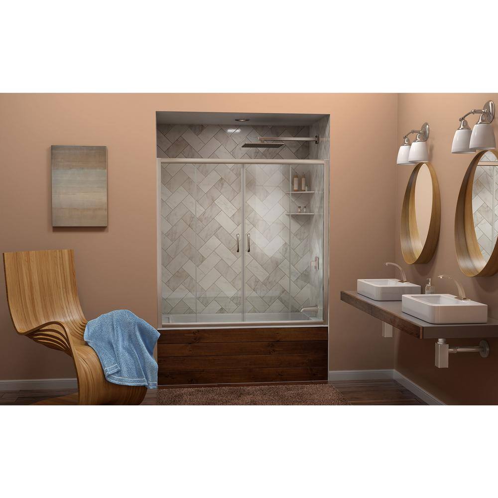 DreamLine Visions 56-60 in. W x 0 in. D x 58 in. H Semi-Frameless Sliding Tub Door in Brushed Nickel SHDR-1160586-04