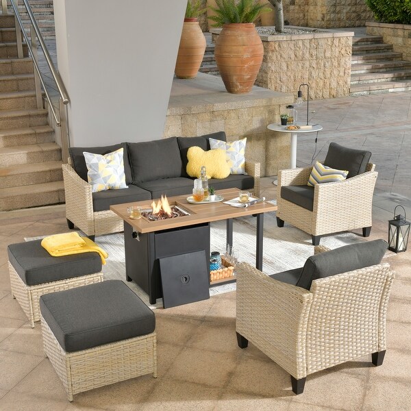 XIZZI 6Piece Outdoor Patio Wicker Furniture with Fire Pit Table