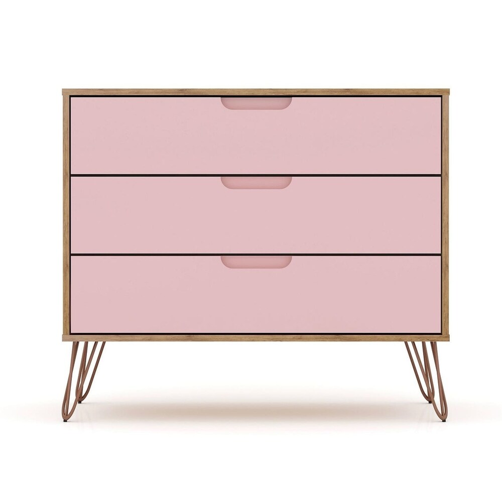 Mid Century Modern Dresser with 3 Drawers in Nature and Rose Pink