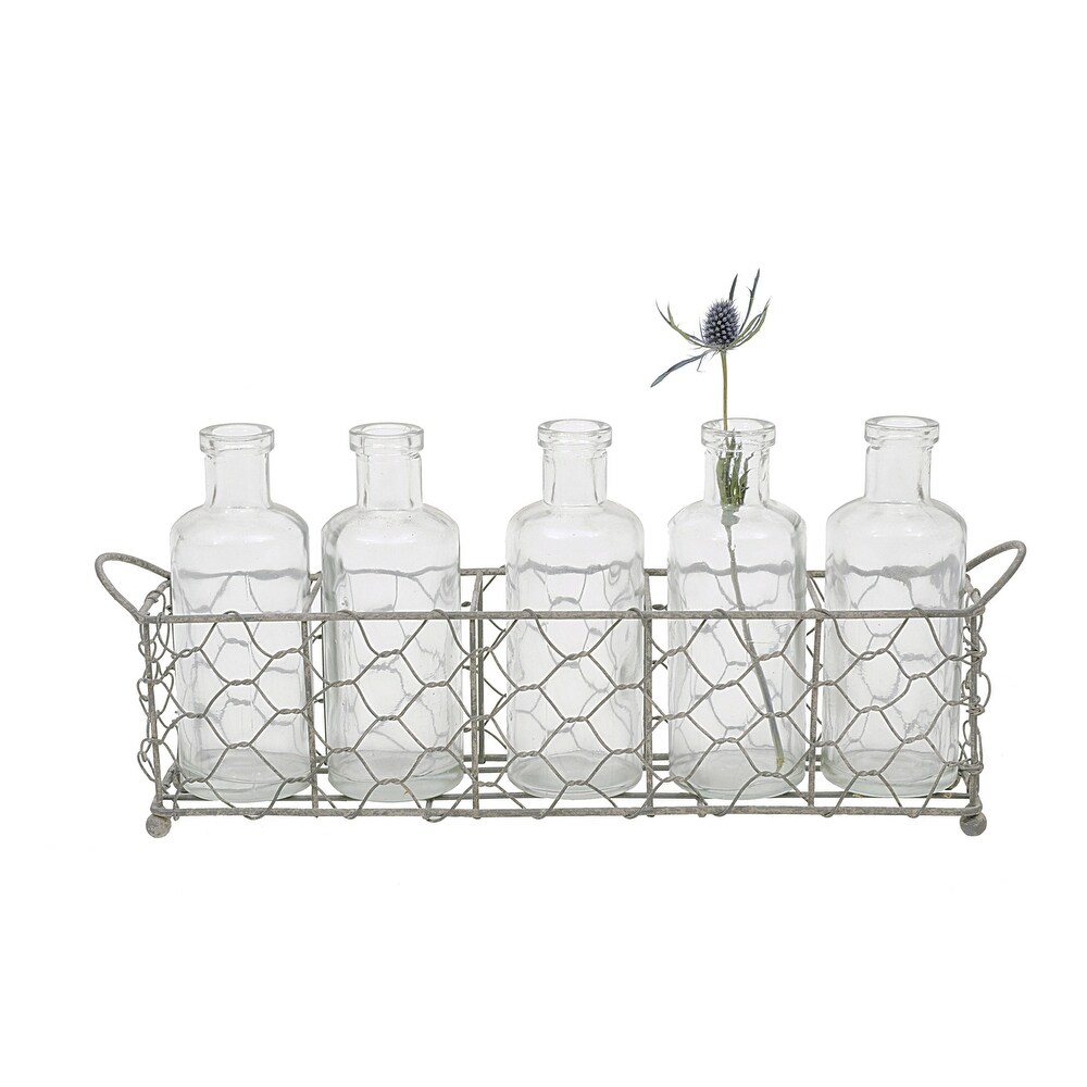 5 Glass Vase Bottles on a Rectangle Metal Holder with Handles   12.8\