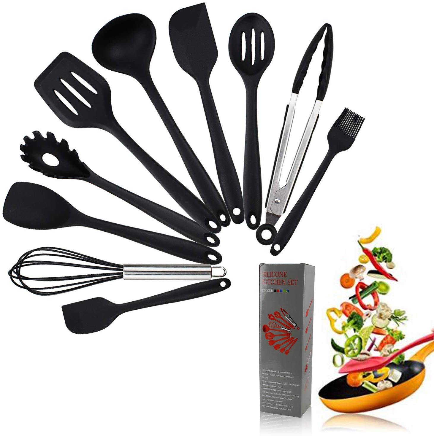 Coolmade Kitchen Utensils Silicone Heat Resistant Kitchen Cooking Utensil Non-Stick Kitchen Utensil Set 10 Piece Cooking Set Non-Stick Kitchen Tools Turner, Whisk, Spoon, Brush, spatula, Pasta Fork