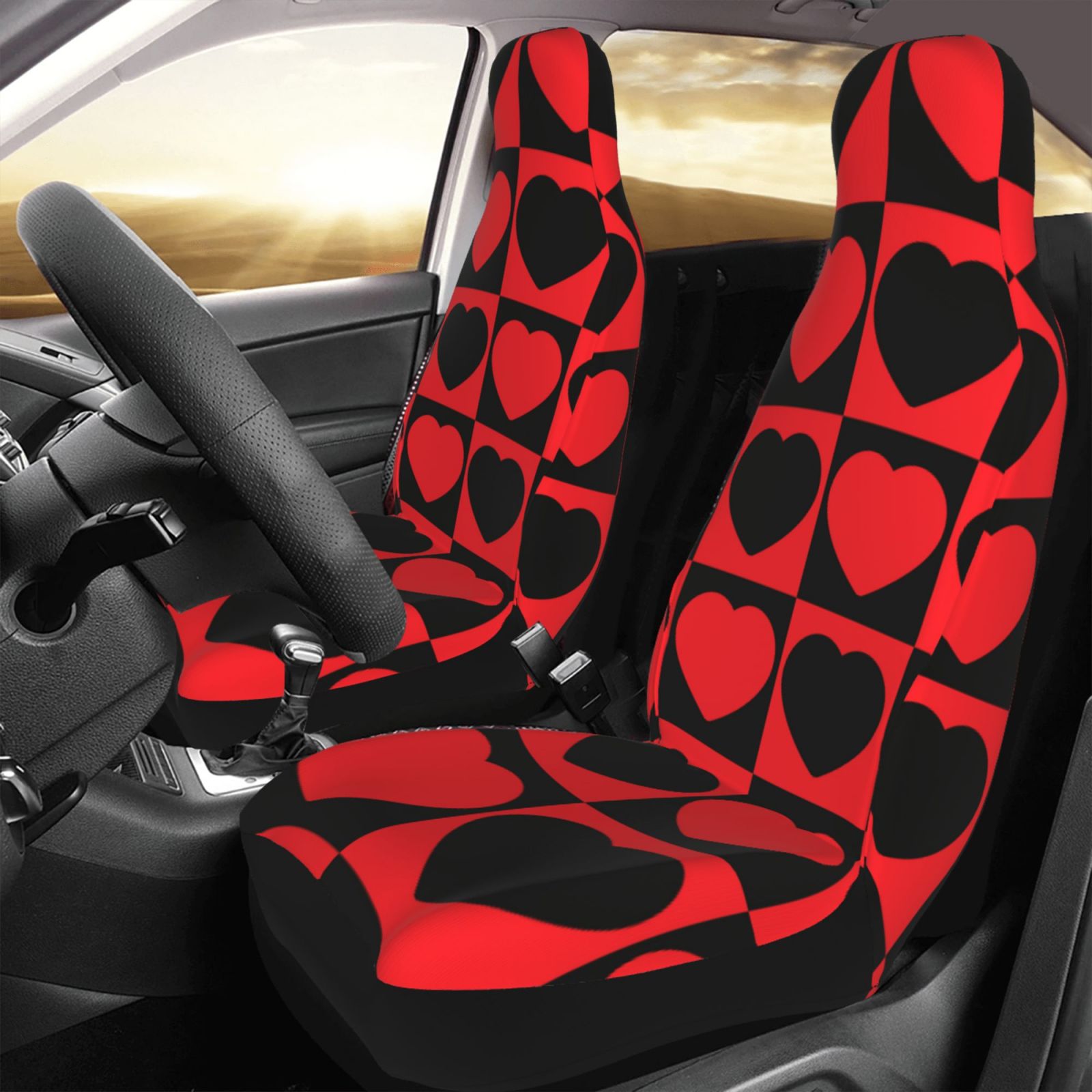 TEQUAN Front Seat Covers， Romantic Red Black Heart Love Pattern 2 Piece Car Seat Cover Fit Most Car SUV Truck Van