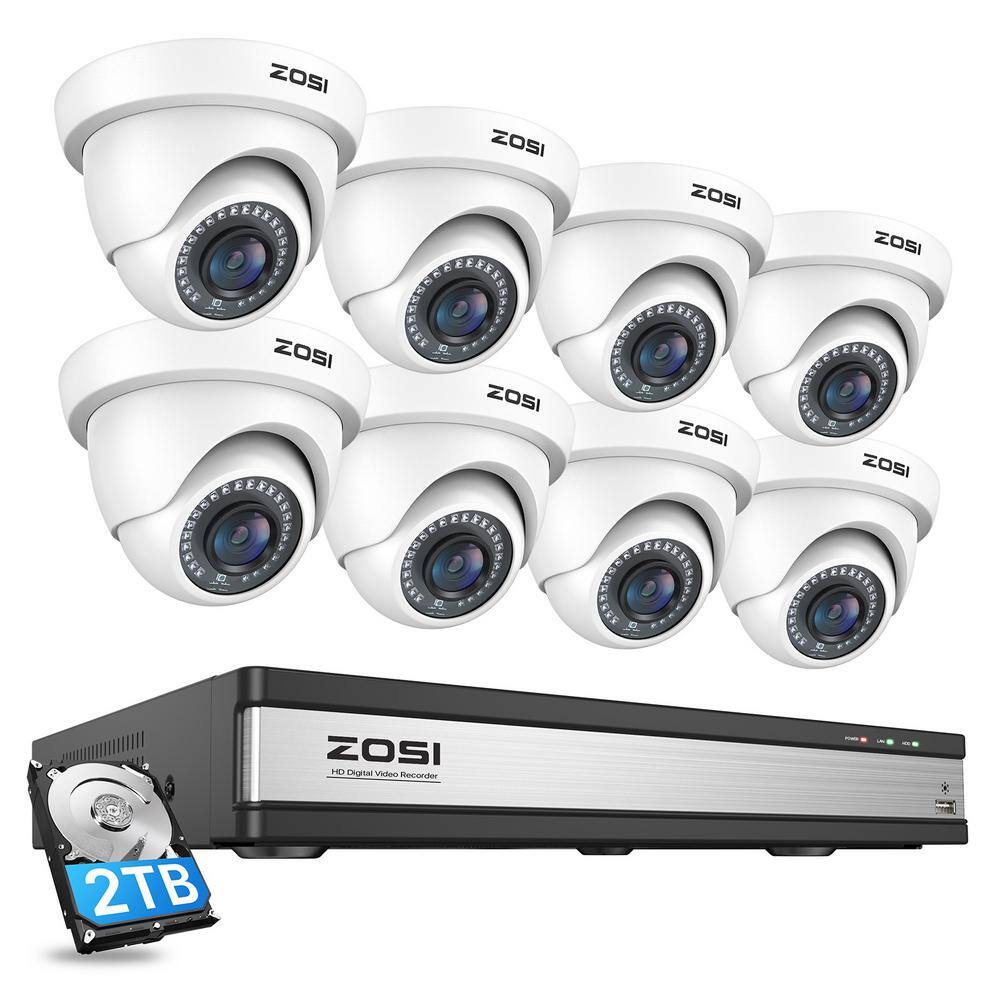 ZOSI H.265 Plus 16-Channel 1080p 2TB DVR Security Camera System with 8 Wired Dome Cameras 16CK-418W8S-20-US