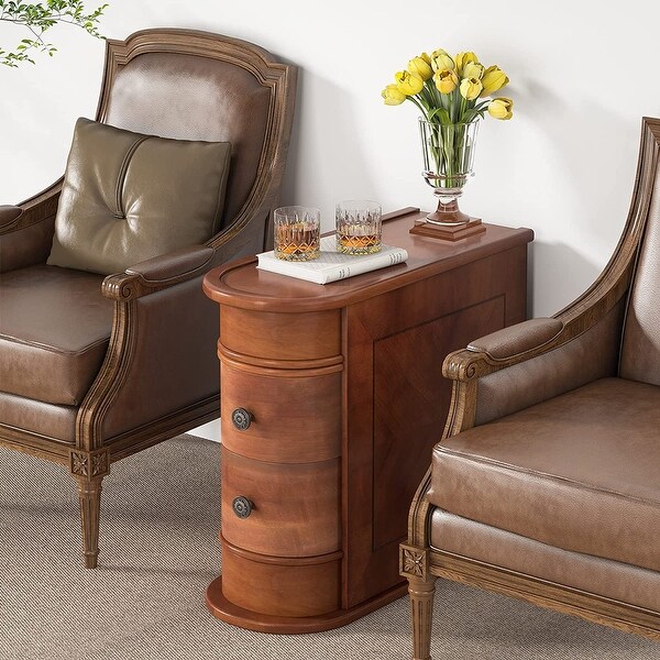 Solid Wood End Table， Two-drawer， Vintage Brown