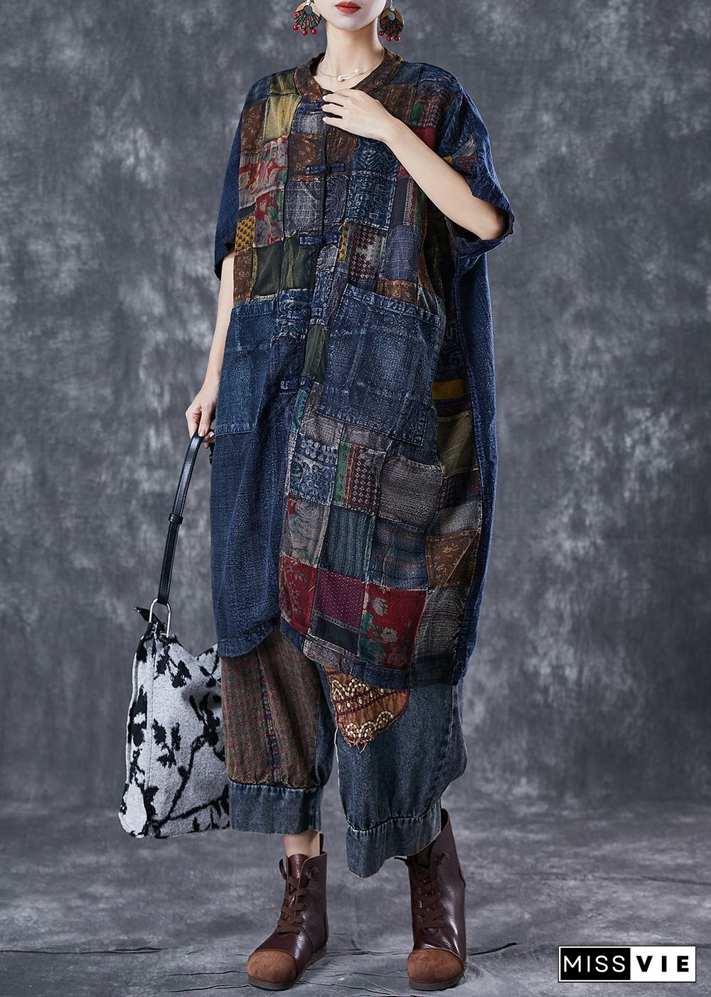 Art Navy Oversized Patchwork Chinese Button Denim Cardigans Summer