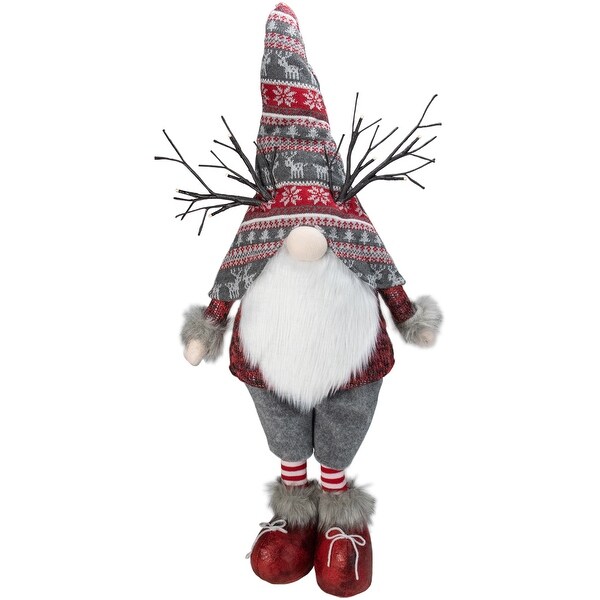 30 Red and Gray Nordic Hat Standing Christmas Gnome with LED Antlers