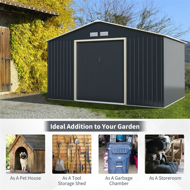 11 x 8 FT Large Outdoor Metal Storage Shed with 4 Air Vents & Sliding Double Lockable Doors, Backyard Tool Shed Garden Storage House