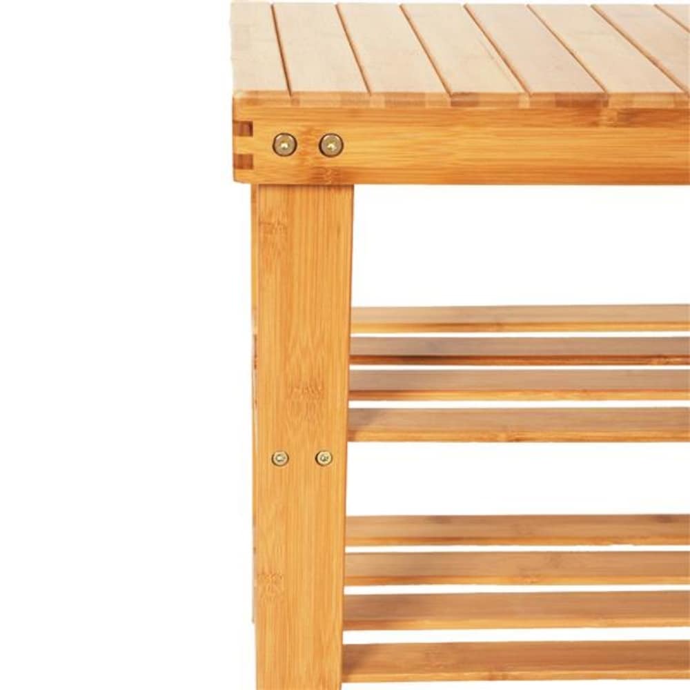 90cm Strip Pattern Tiers Bamboo Stool Shoe Rack with Boots Compartment Wood Color   35.43 x 11.02 x 17.72