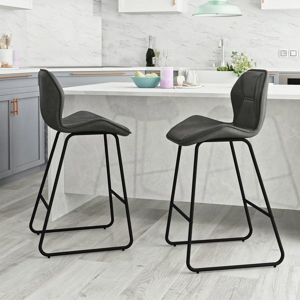 Leather Bar Stools Set of 2， Pub Barstools with Back and Footrest， Modern Armless Counter Height Bar Chairs Kitchen Stools