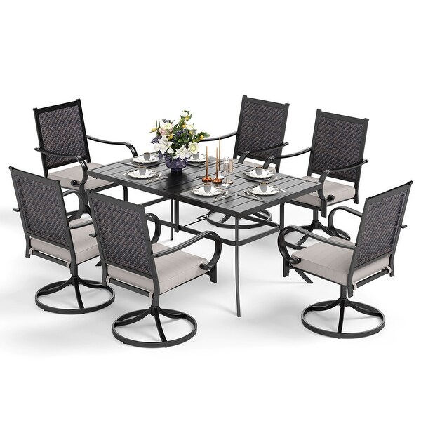 MAISON ARTS 5/7piece Patio Dining Set，4/6 Rattan Swivel Chairs with Cushion and 1 Metal Table with Umbrella Hole