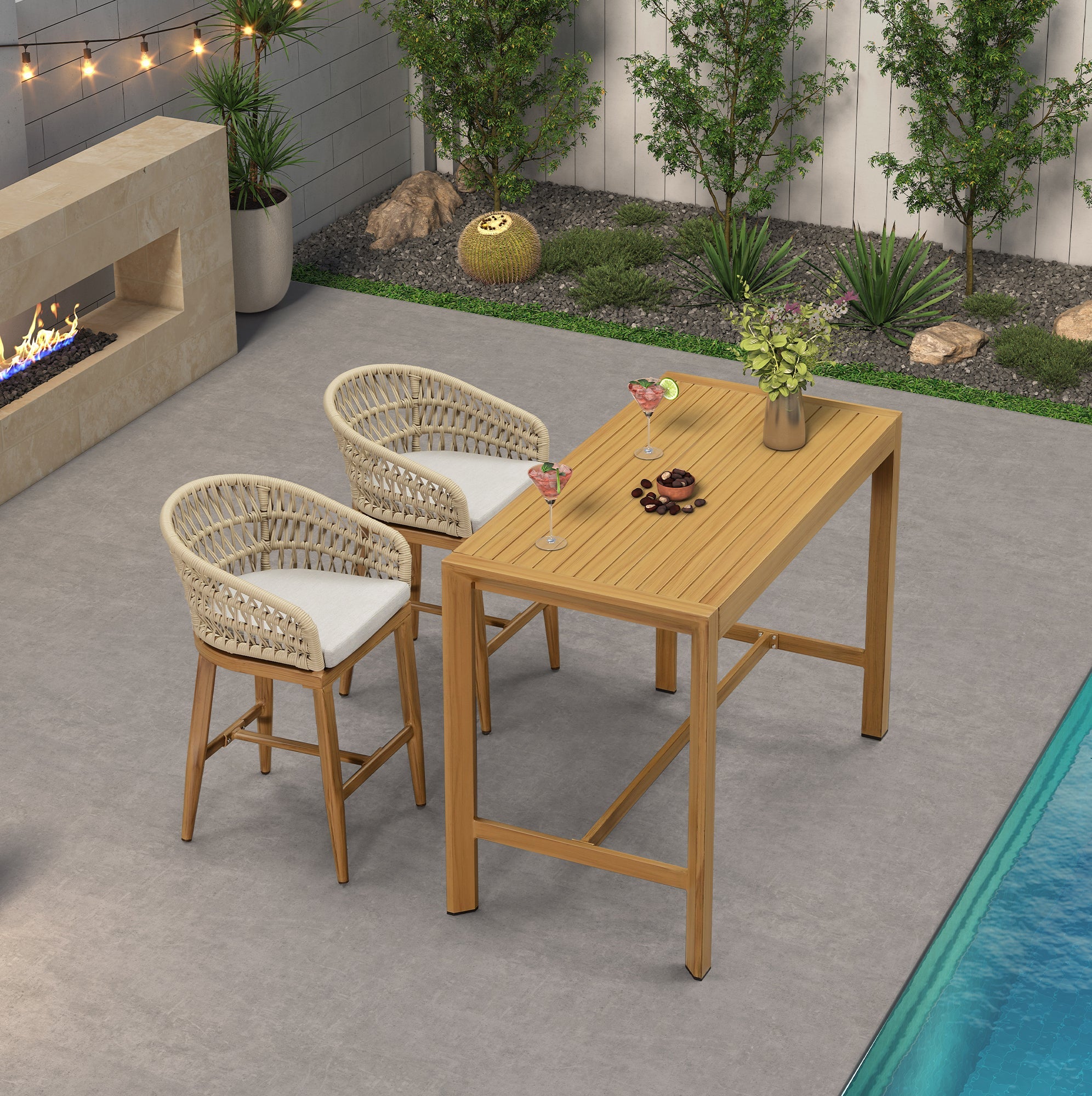 OPEN BOX I PURPLR LEAF Bar Stools Chair Set of 2, Rattan and Aluminum Frame with Comfortable Cushion