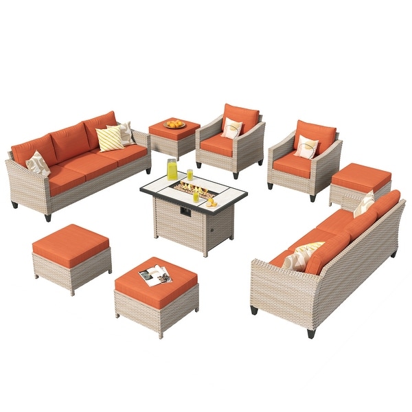 XIZZI Patio Furniture 9 Pieces Wicker Conversation Set with Fire Pit