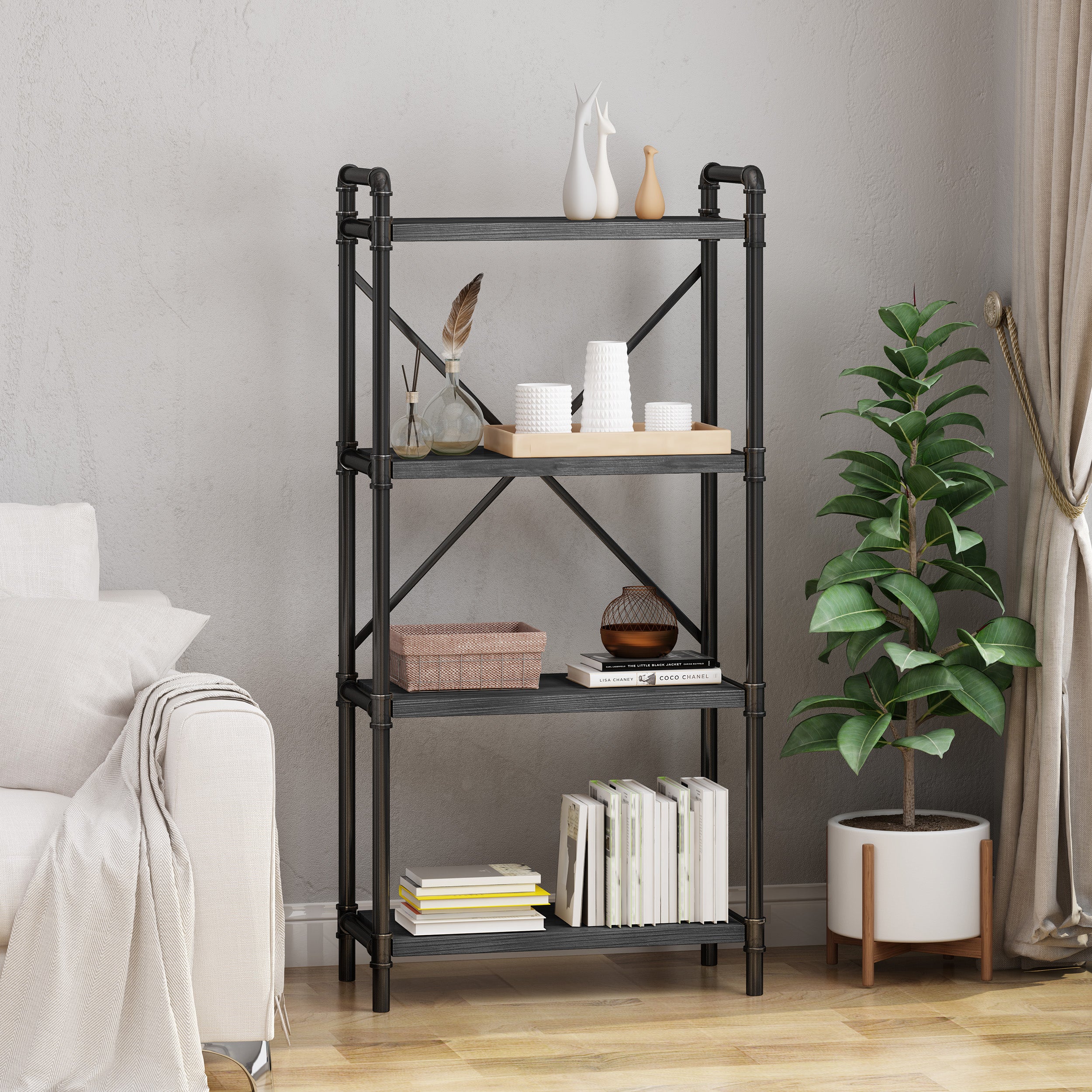 Astrid Industrial Pipe Design 4-Shelf Etagere Bookcase