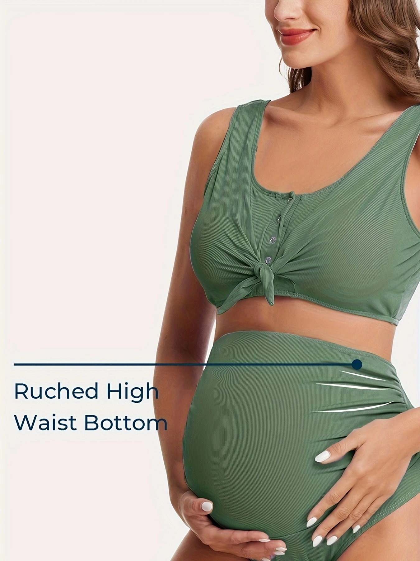 Maternity Ribbed Two-Piece Swimsuit Front Knot Crop Top Bikini High Waisted Pregnancy Bathing Suit