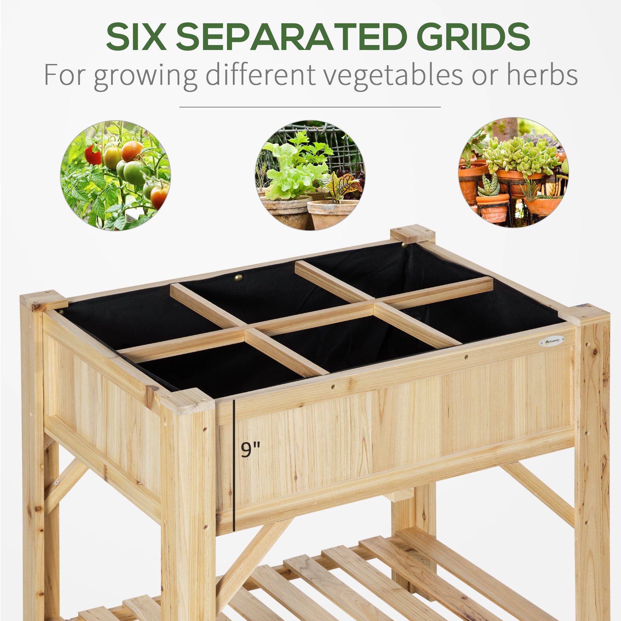 Outsunny Raised Garden Bed, Wood 6 Grid, 31" x 23" with Storage Shelf, Water Draining, Planter Box for Vegetables, Flowers, Herbs, Patio