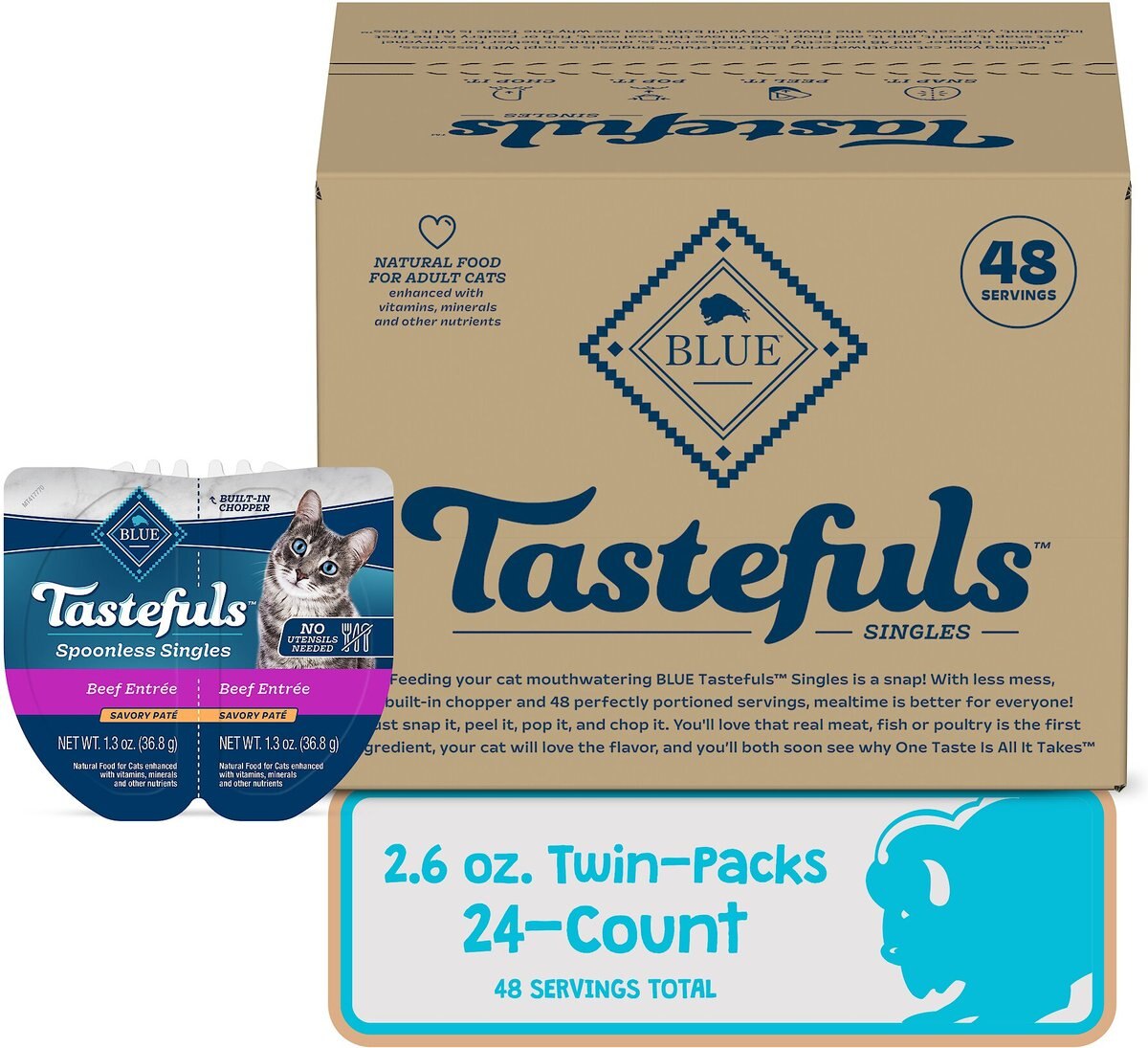 Blue Buffalo Tastefuls Spoonless Singles Beef Entrée Pate Adult Cat Food， 2.6-oz cup， case of 24