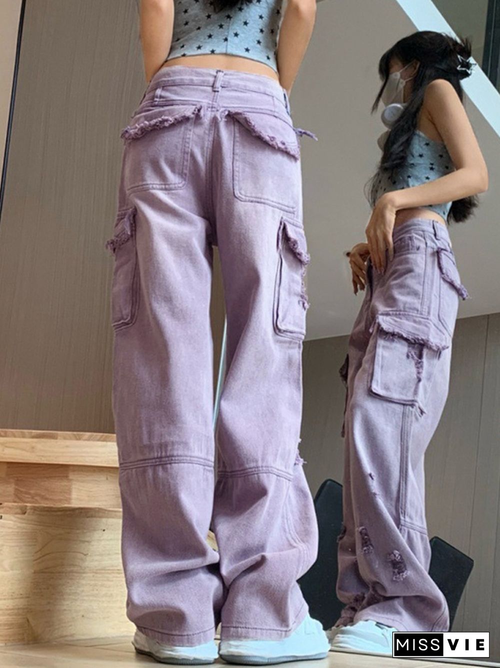 Purple Washed Distressed Ripped Cargo Cargo Jeans