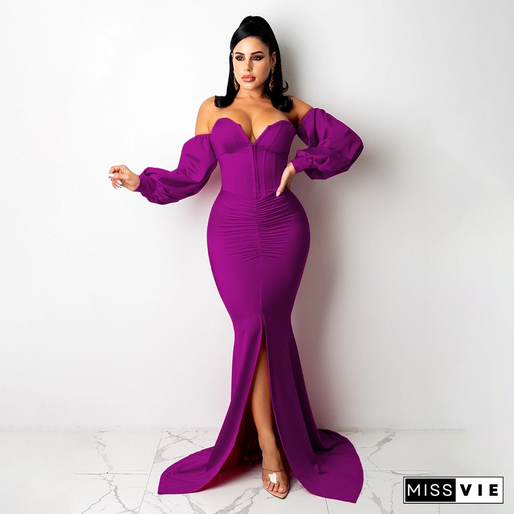 Elegant Off Shoulder Long Sleeve Slit Evening Dress