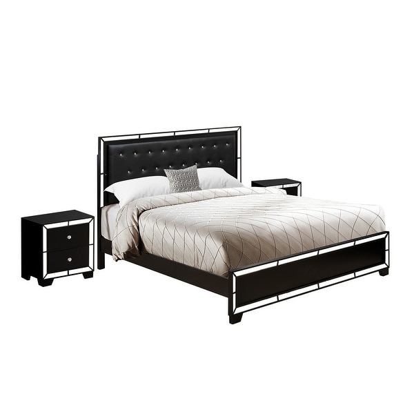 3-Piece King Bedroom Set with Light Up headboard - Bed and 2 Night Stands for Bedrooms - Black Faux Leather Headboard - - 34142358