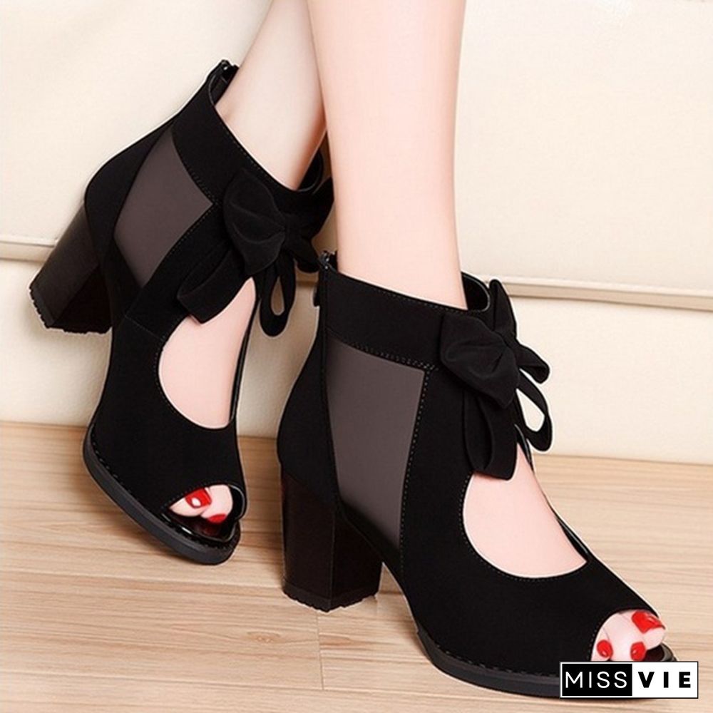 Summer Women Mesh Sandals Sexy Peep Toe Bowtie Thick High Heels Shoes Woman Sandals Women Shoes