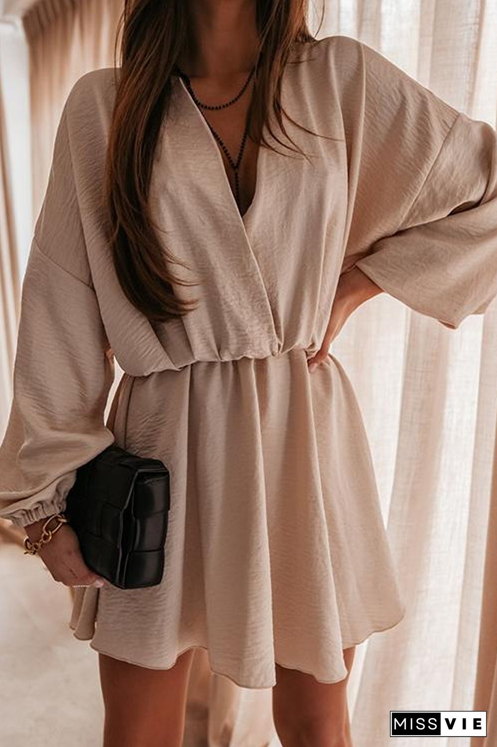 V Neck Loose Long Sleeve Mini Dress