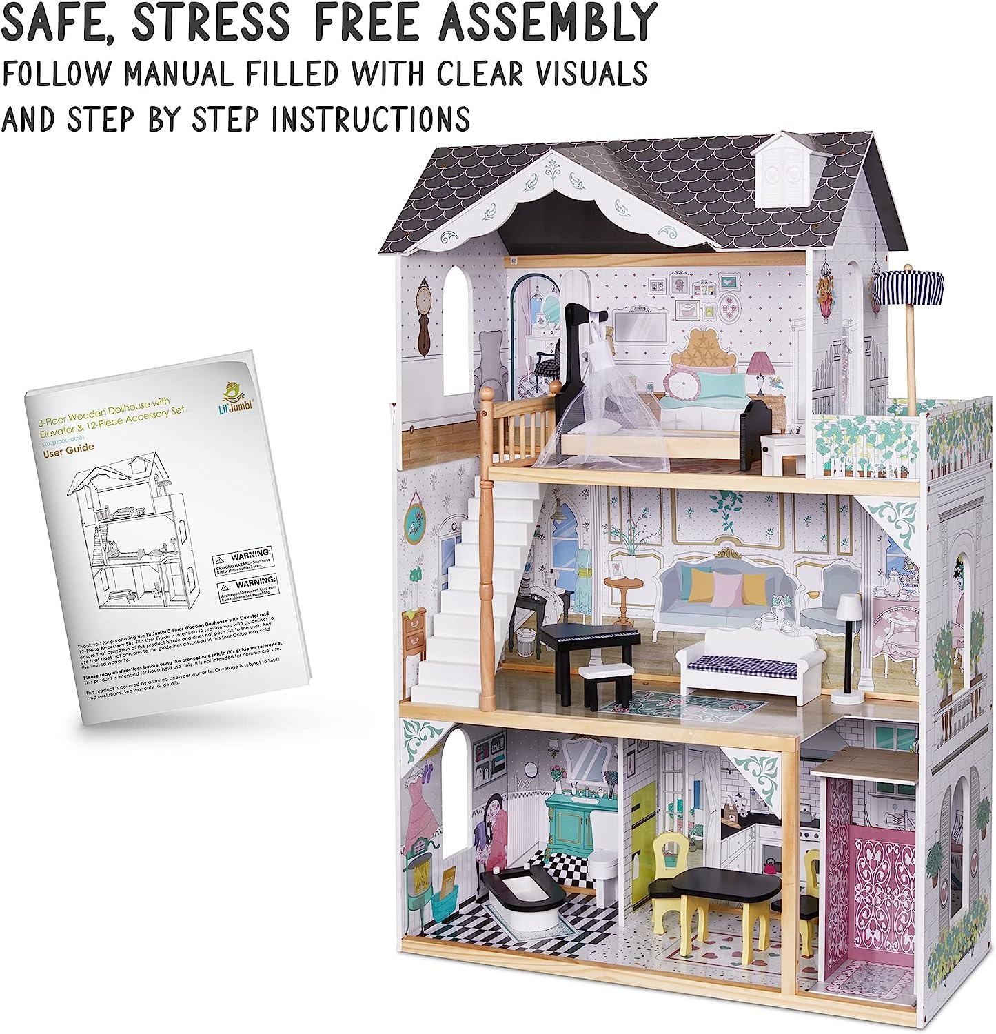 Lil' Jumbl Kids Wooden Dollhouse， with Elevator， Balcony and Stairs， Accessories and Furniture Included X-Large 3 Story Easy to Assemble Doll House Toy