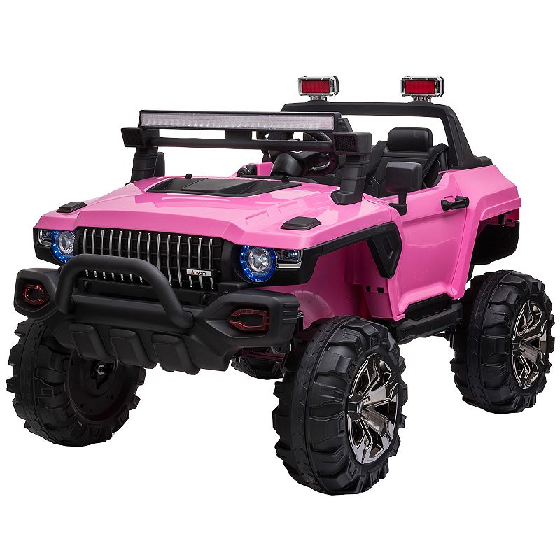 Aosom Kids Ride On Car 12V RC 2 Seater Police Truck Electric Car For Kids with Full LED Lights MP3 Parental Remote Control (Pink)