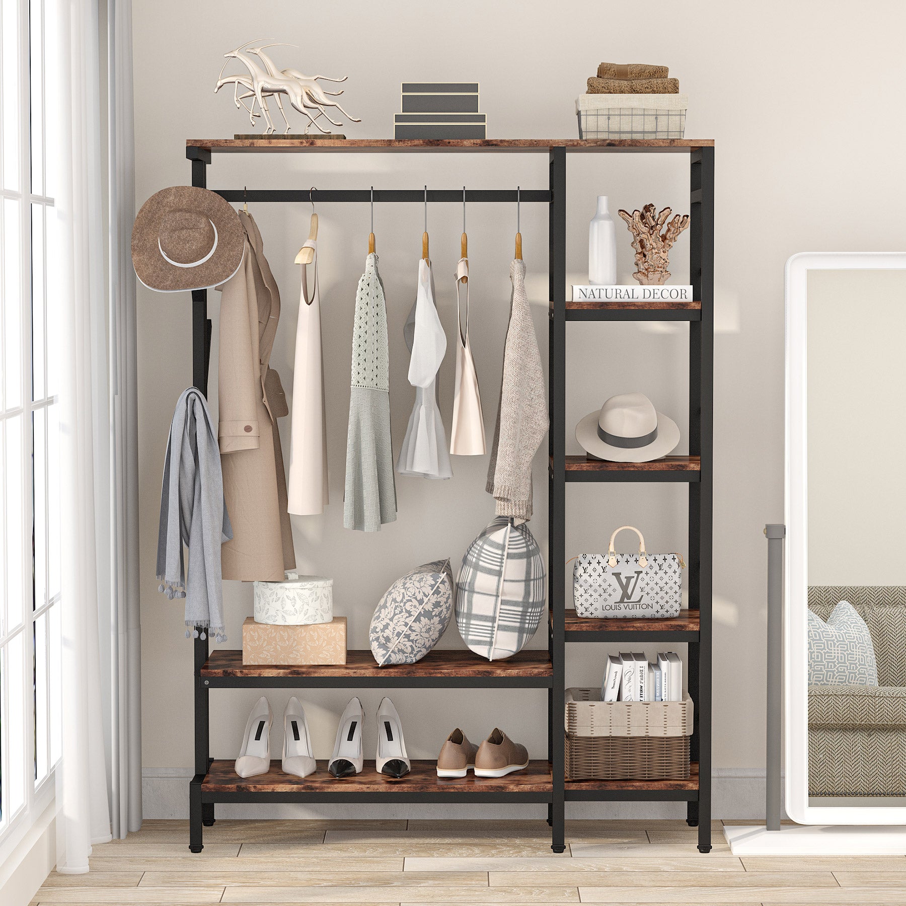 Freestanding Closet Organizer, Garment Rack with 4-Tier Shelves