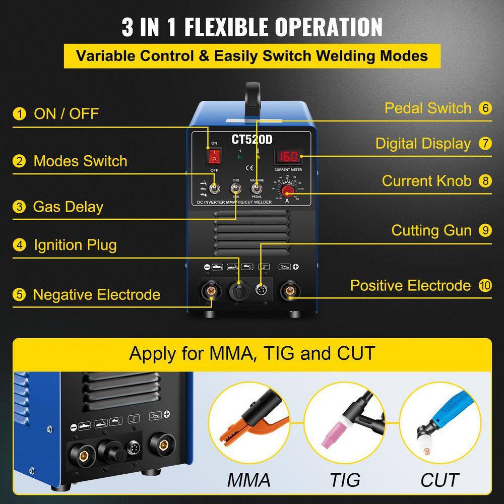 VEVOR 3 in 1 TIGMMACUT Welder 200 Amp Arc Welding Machine 110220-Volt Plasma Cutter CT520D 50 Amp with Clamp Cable CT520DSHYDHJ00000V4