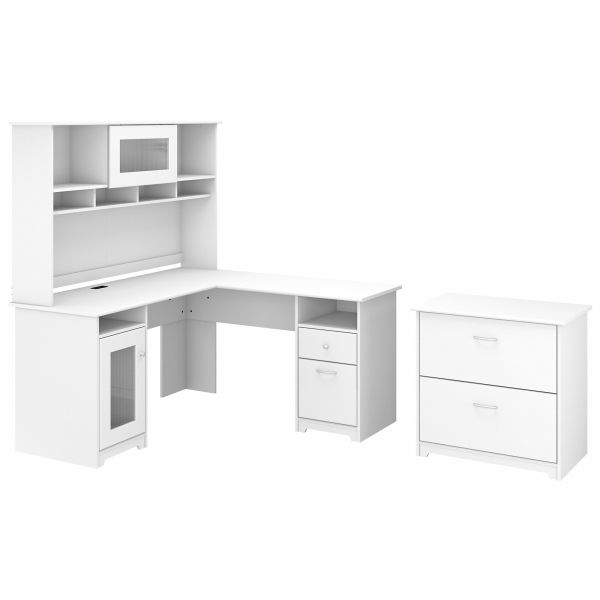 Bush Furniture Cabot 60W L Shaped Computer Desk with Hutch and Lateral File Cabinet in White