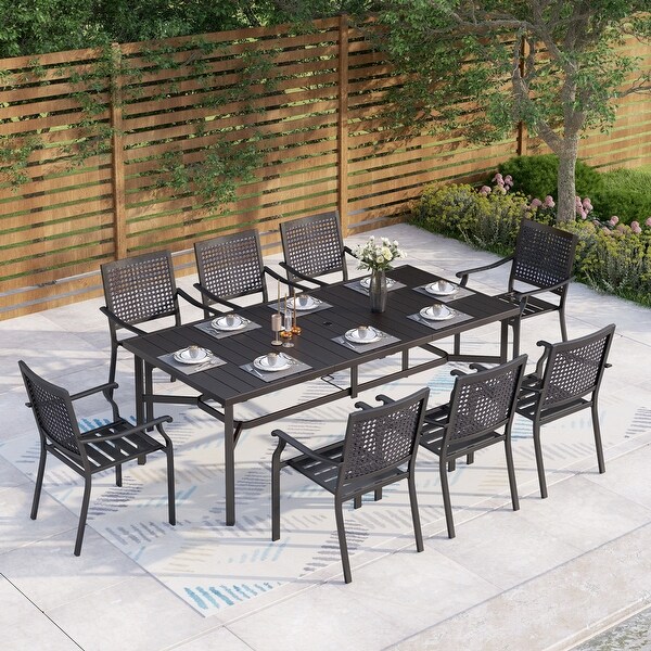 9Piece Patio Dining Set 1 Large Square Metal Table and 8 Stackable Chairs