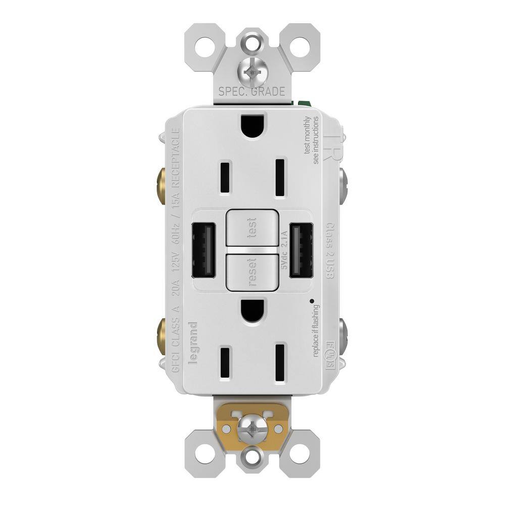 Legrand Radiant 15 Amp 125-Volt Tamper Resistant Self-Test GFCI Duplex Outlet with Type AA USB White 1597TRUSBAAWC4