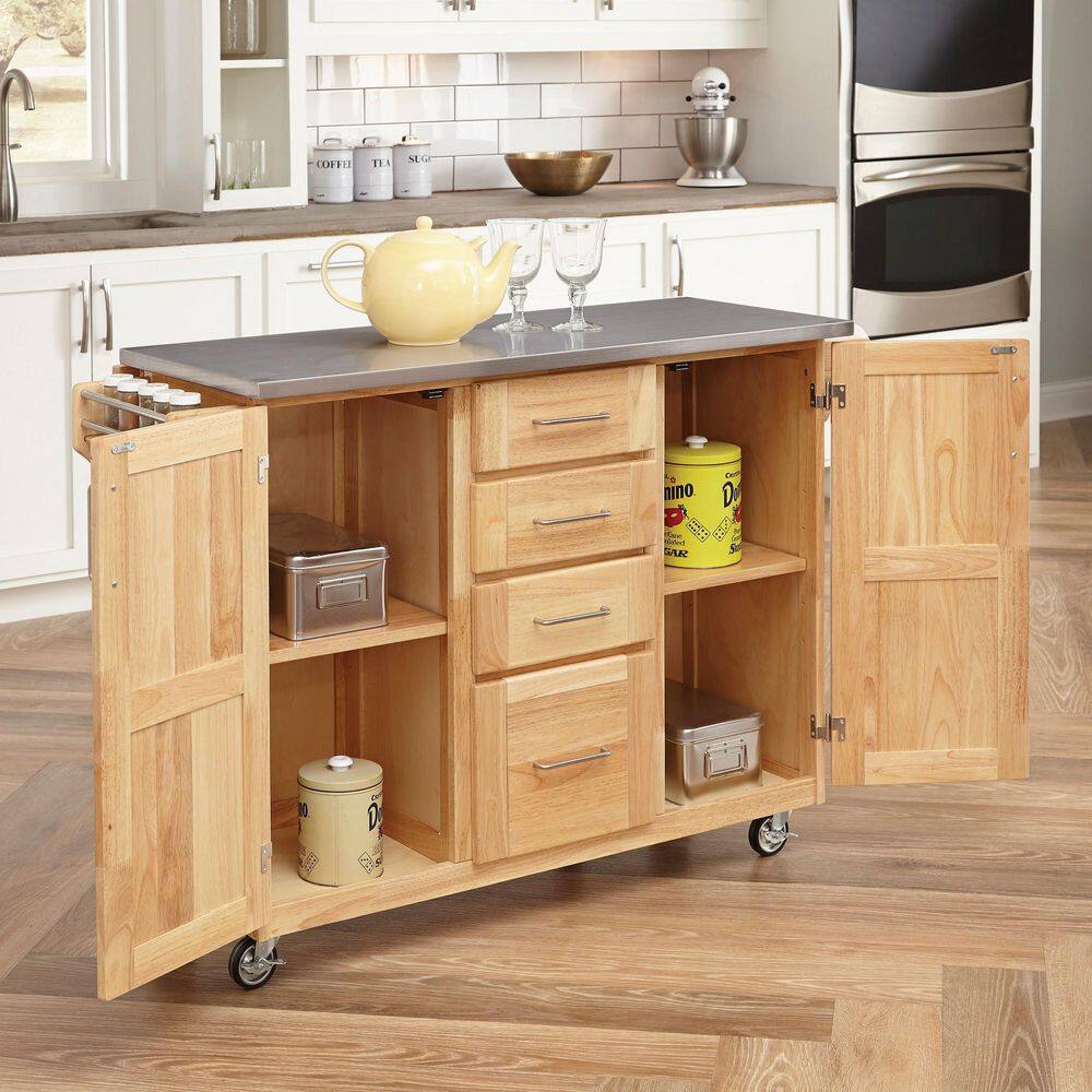 HOMESTYLES Natural Wood Kitchen Cart with Stainless Top and Breakfast Bar 5086-95