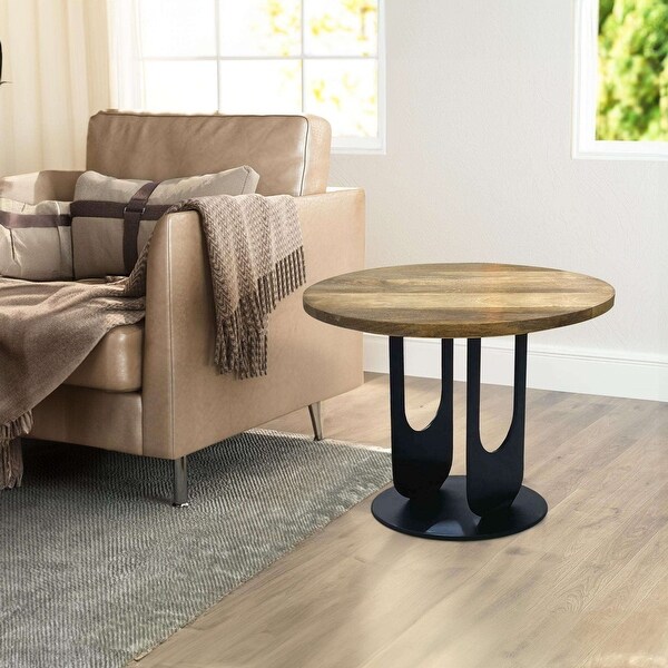 22 Inch Side End Table，Round Natural Mango Wood Top，Black Iron U Shaped Legs