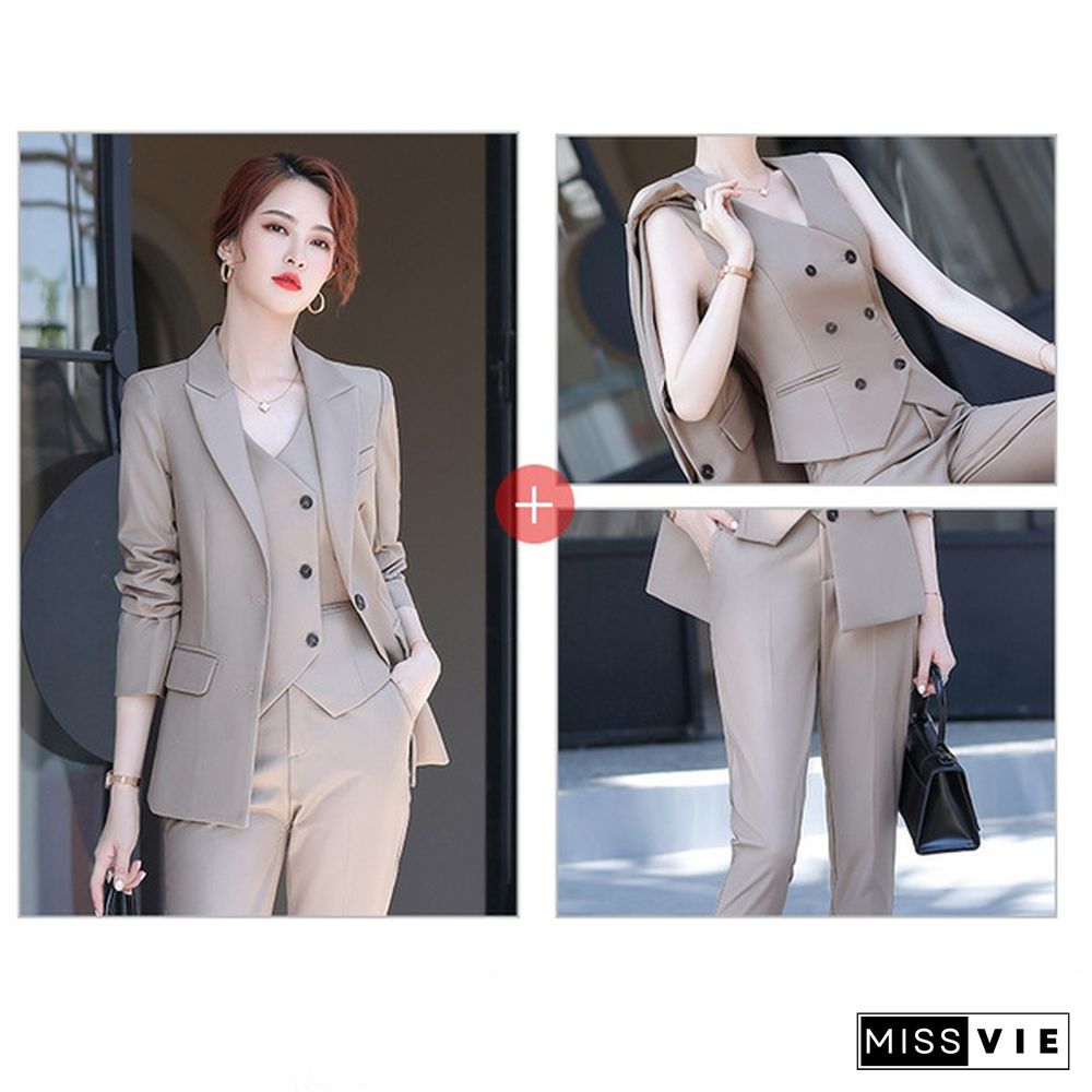 3 Piece Set Women Suits Elegant Ol Slim Blazer Suit+Double Breasted Vest+High Waist Skinny Ankle Length Pants Outfit Sets