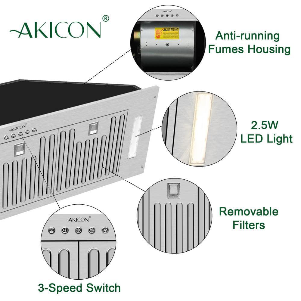 Akicon 36 in 3Speeds 600CFM Ducted InsertBuiltin Range Hood Ultra Quiet in Stainless Steel with Warm White Light