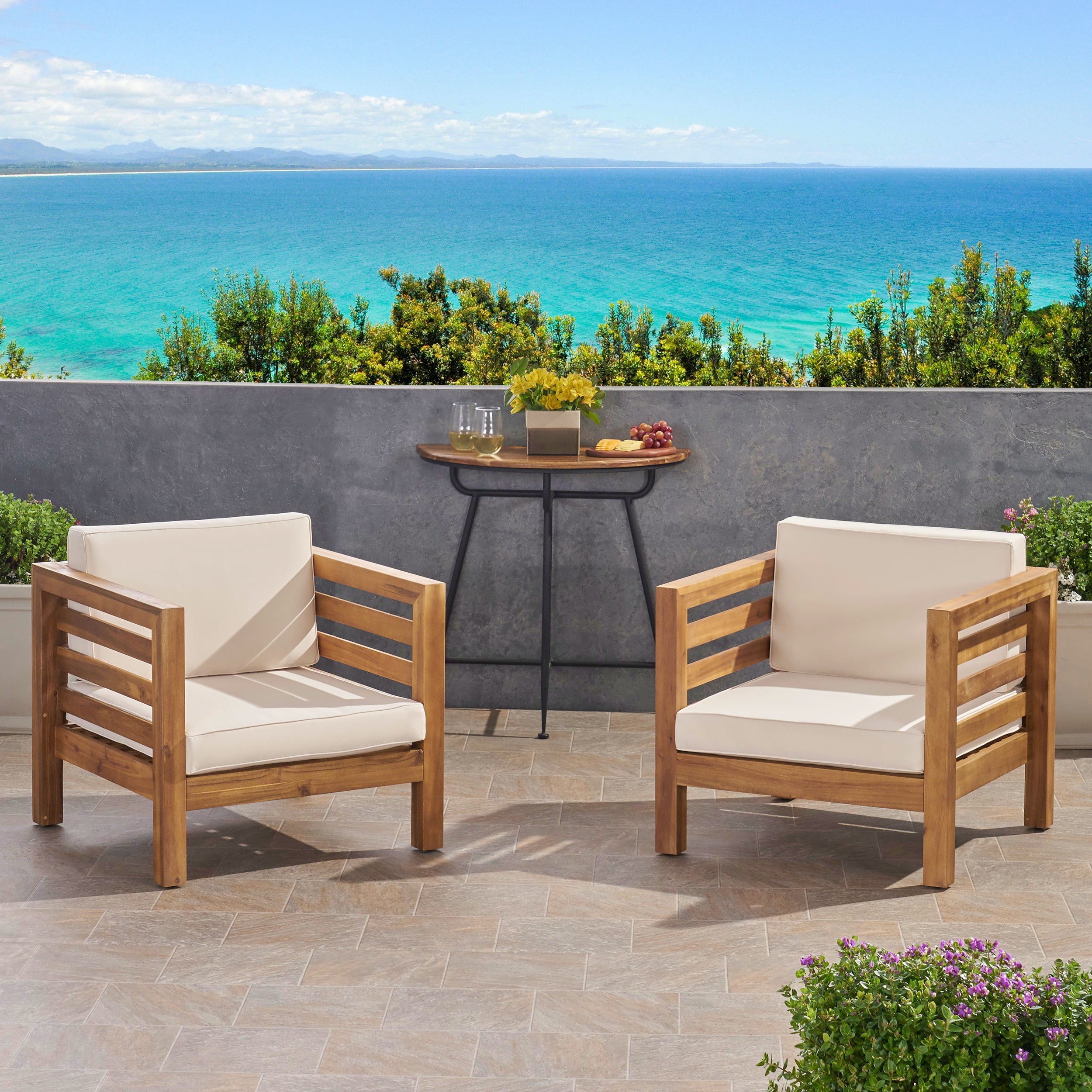 Louise Outdoor Acacia Wood Club Chairs with Cushions (Set of 2)