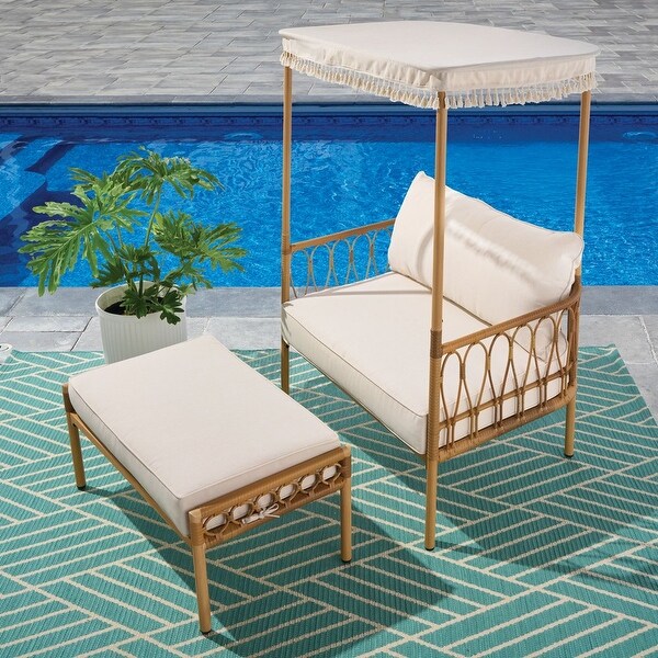 Willow Sage 2 Piece All-Weather Wicker Outdoor Canopy Chair and Ottoman Set， Beige