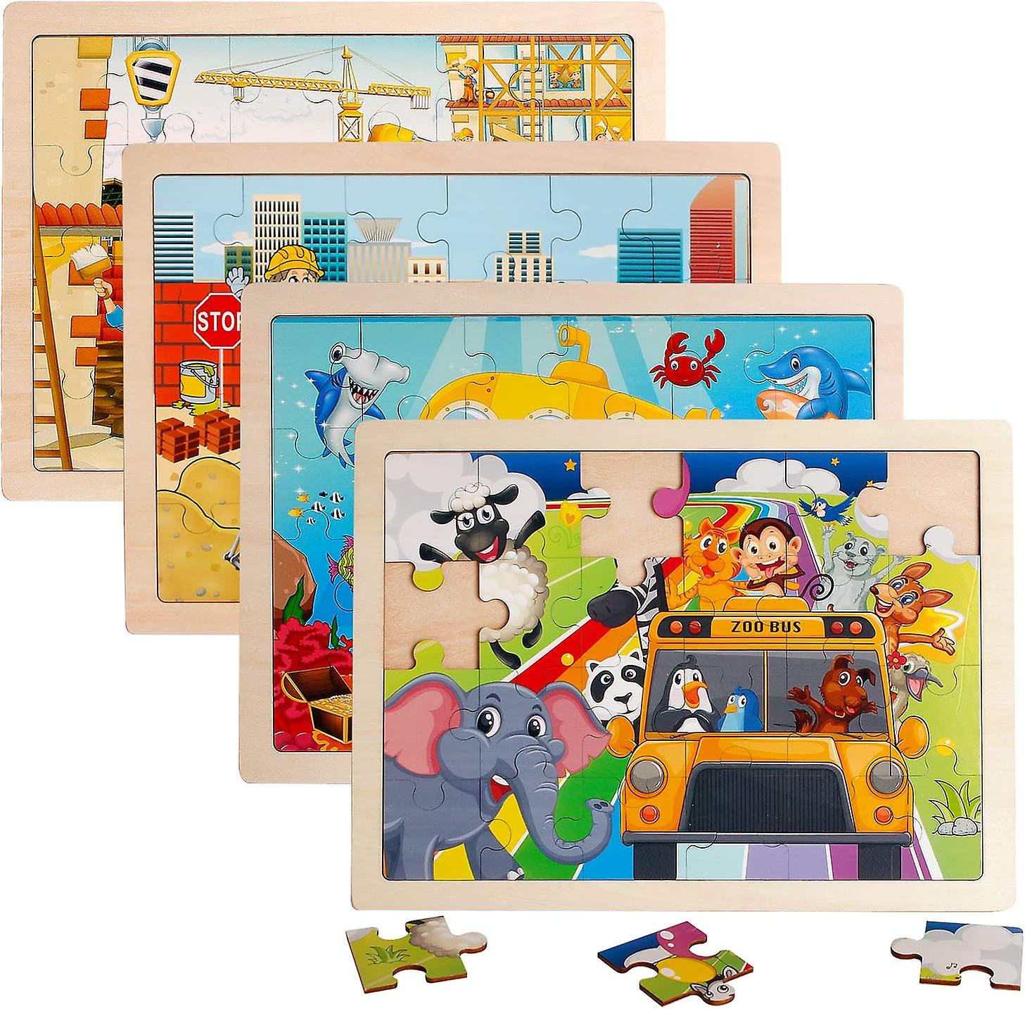 4 Packs 24 Pcs Jigsaw Puzzles For Kids Preschool Educational Brain Teaser Boards Toys Animal Zoo Bus Marine World Construction Sites Children Enlighte