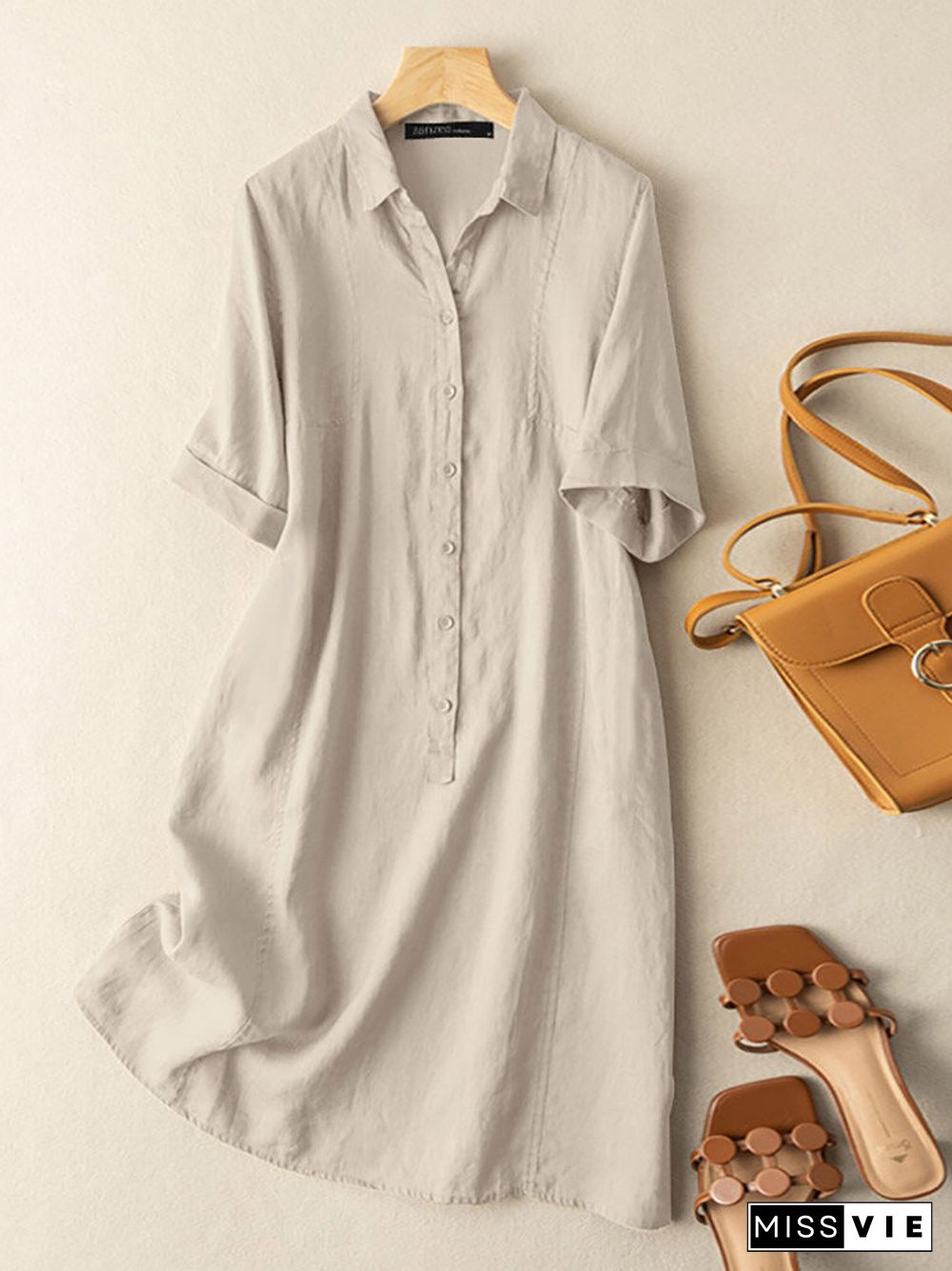 Solid Button Front Short Sleeve Lapel Shirt Dress