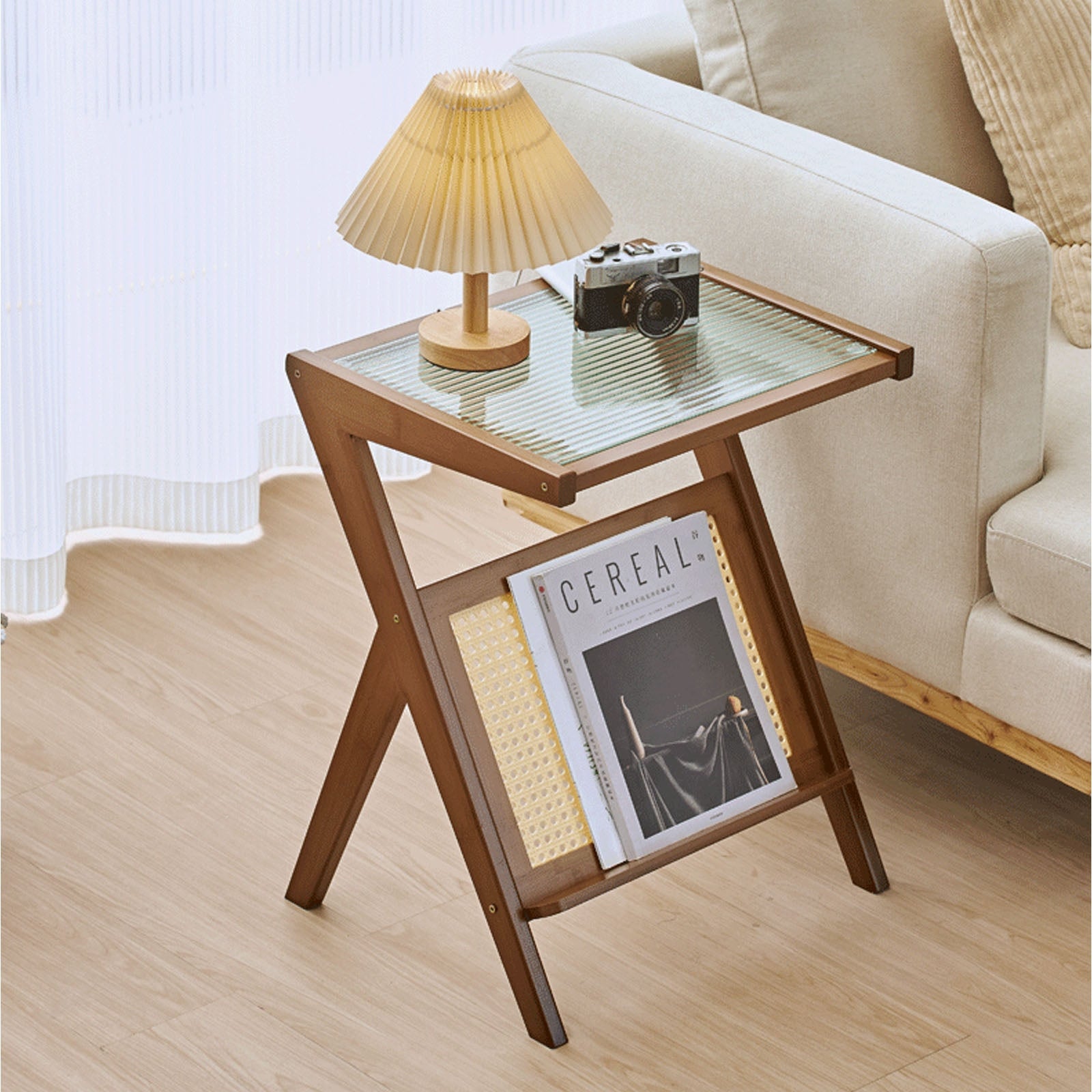 Bamboo Glass-top End Table with Rattan-like Magazine Rack