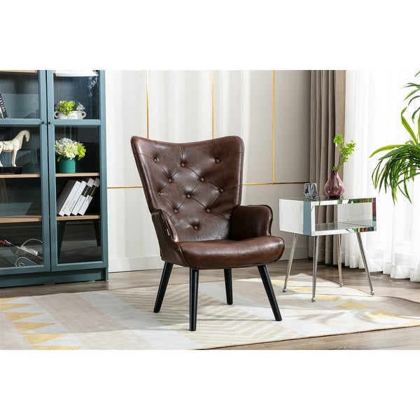 PU Leather Accent Chair for Living Room， Modern Tufted Button Wingback Reading Chair Arms Side Chair with Solid Wood Legs