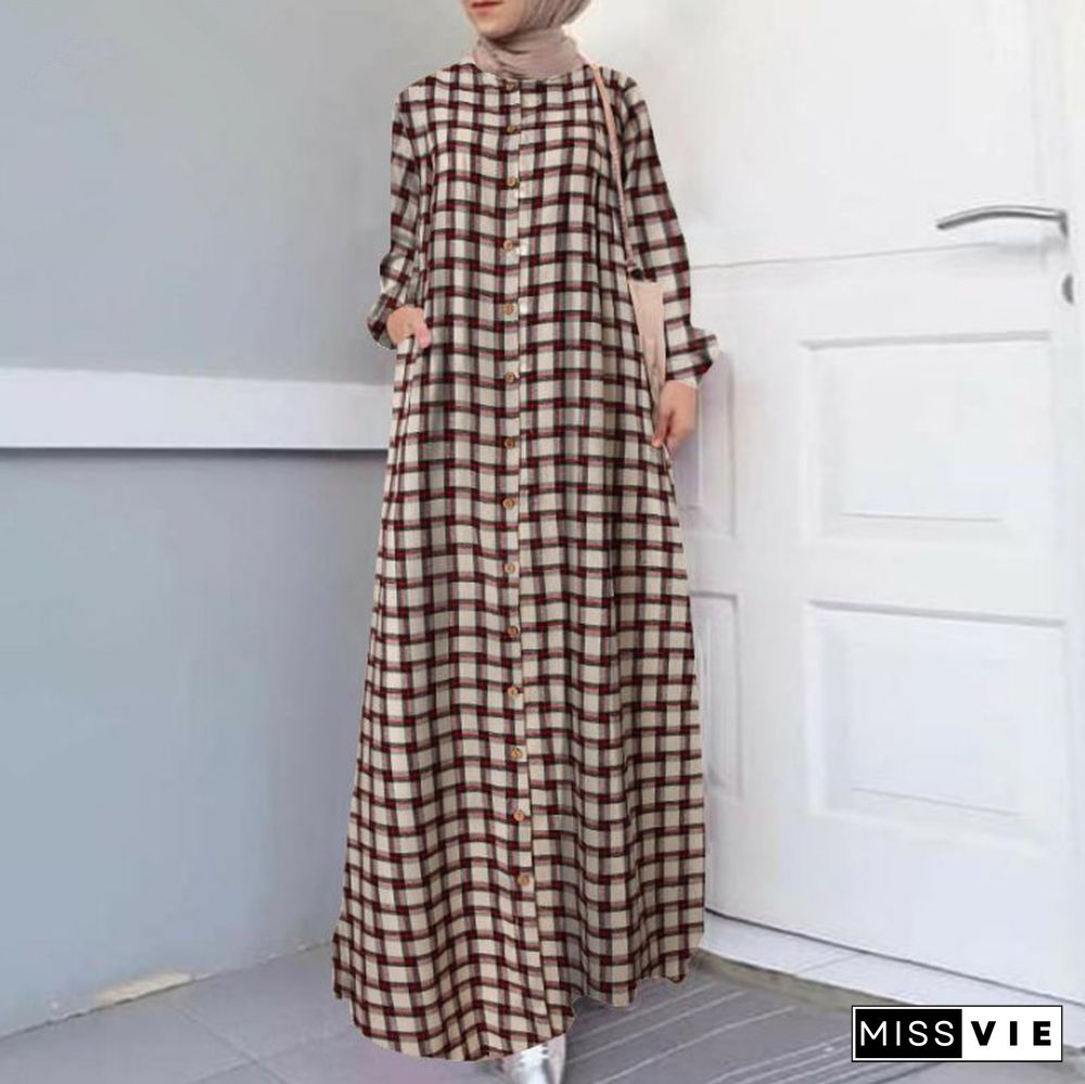 Ethnic Long Sleeve Loose Cardigan Temperament Plaid Cotton and Hemp Long Dress Linen Dresses