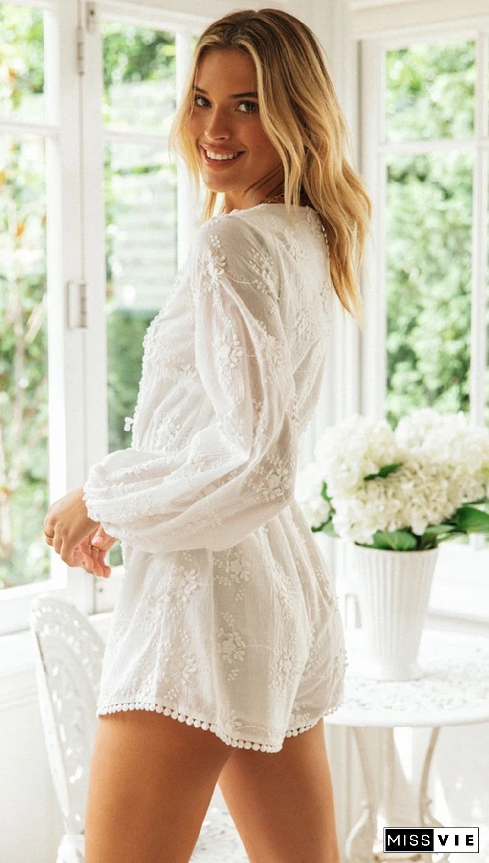 White Crochet Lace Long Sleeves Rompers