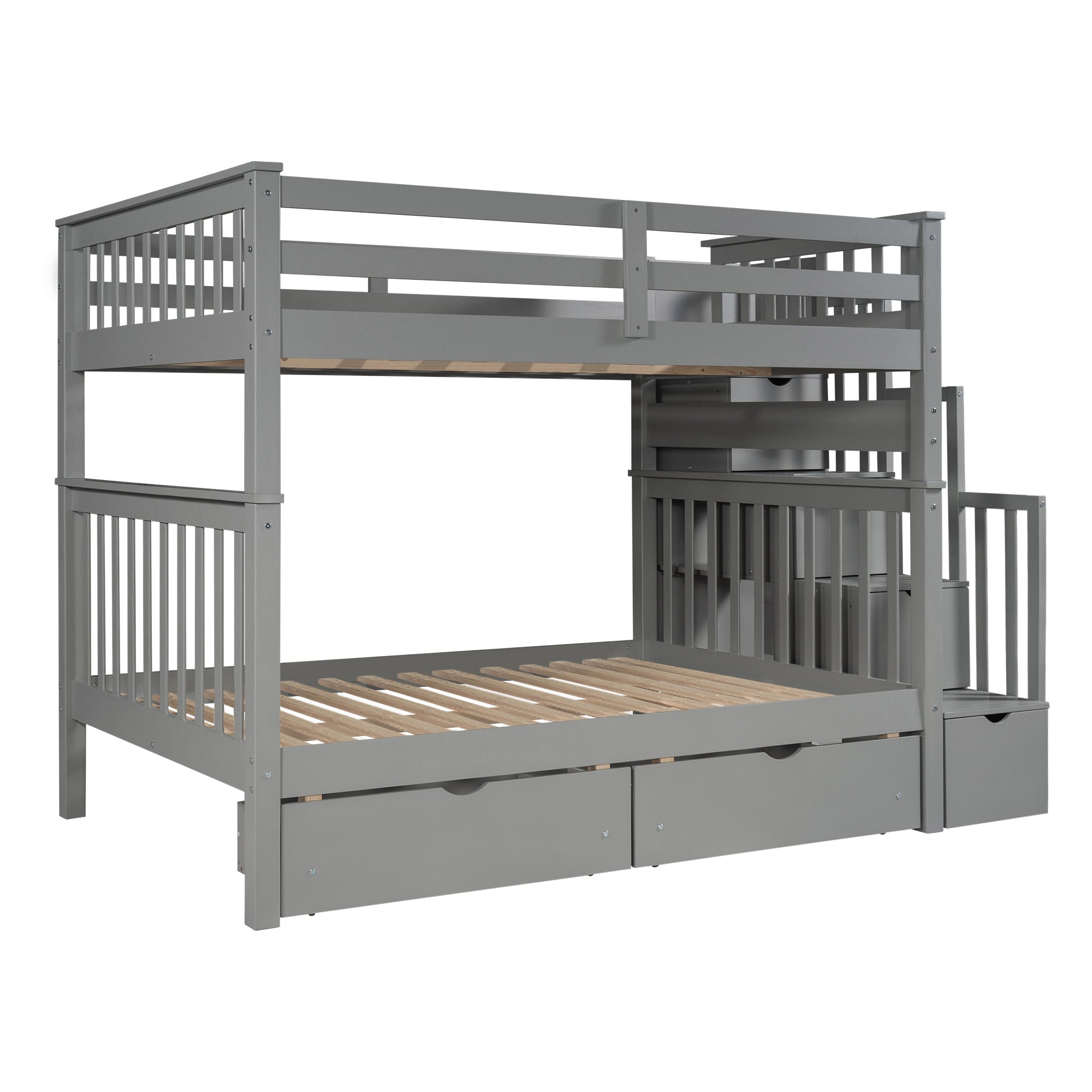 Bellemave Full Over Full Bunk Bed with Stairs and 6 Storage Drawers, Solid Wooden Detachable Bunk Bed Frame with Storage Shelves for Kids Teens Adults (Grey)