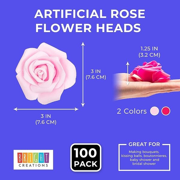 100 Pack 3 Pink Light Pink Artificial Rose Fake Flower Heads for Flower Décor