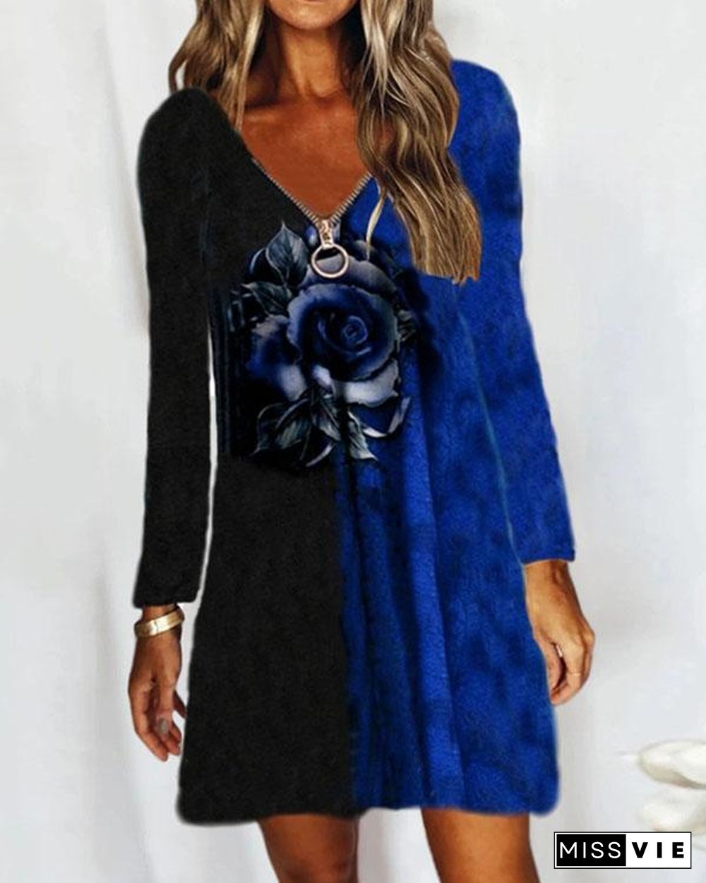 Casual V Neck Zipper Neck Long Sleeve Rose Print Contrast Dress