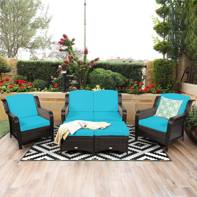 5 Pcs Rattan Wicker Patio Furniture Set with Loveseat, Single Sofas & Ottomans, Outdoor Conversation Sets