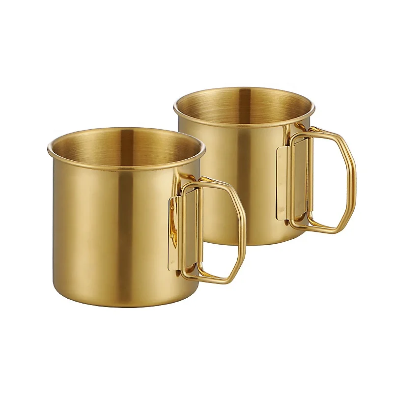 500ml wholesales custom logo camping metal steel gold coffee tea cup mug with portable handle for hiking Picnic drinkware